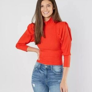 Free People Lala Cropped Ribbed Turtleneck Top in Poppy Red Size Medium